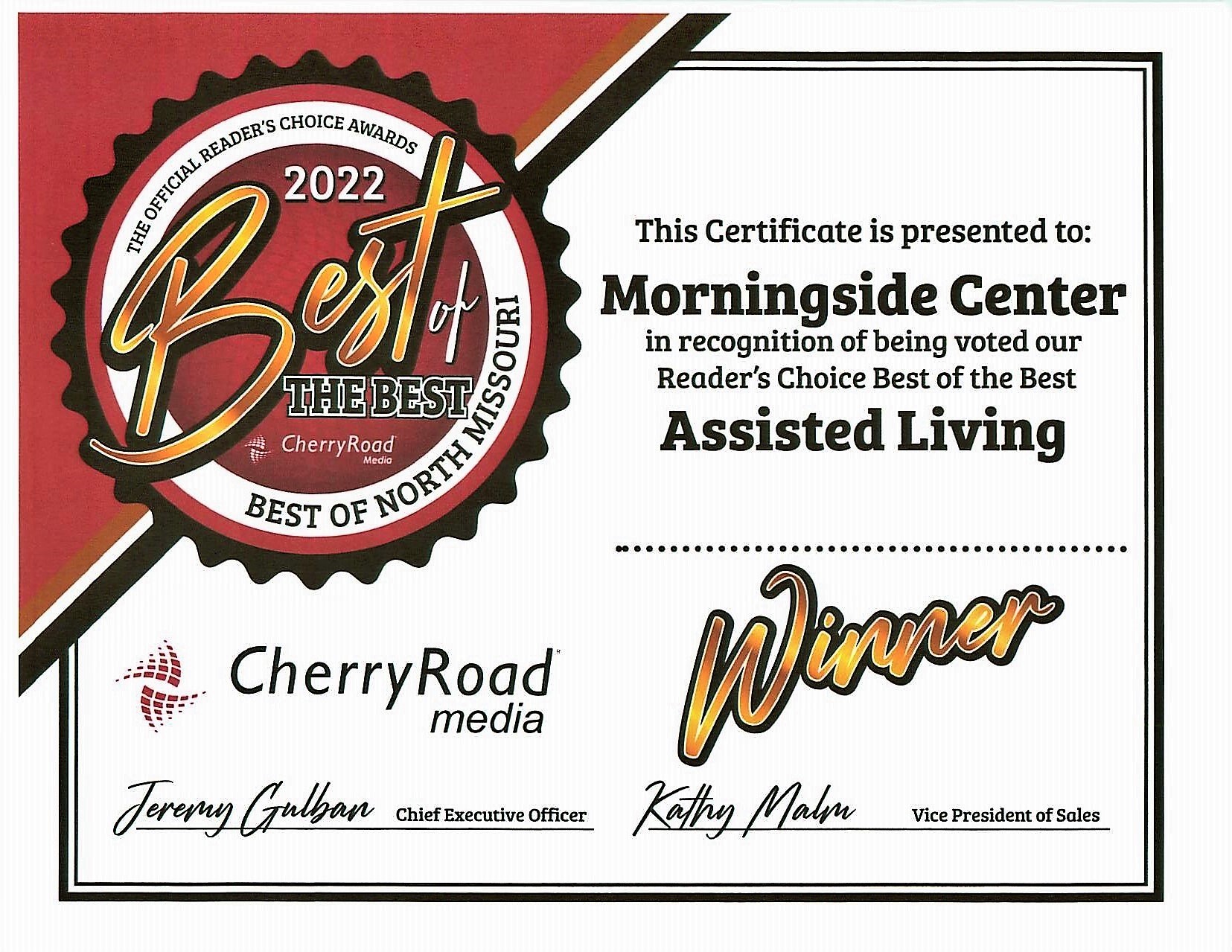 Image of best assisted living award.