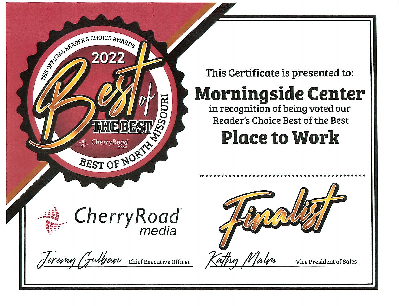 Image of best place to work award.